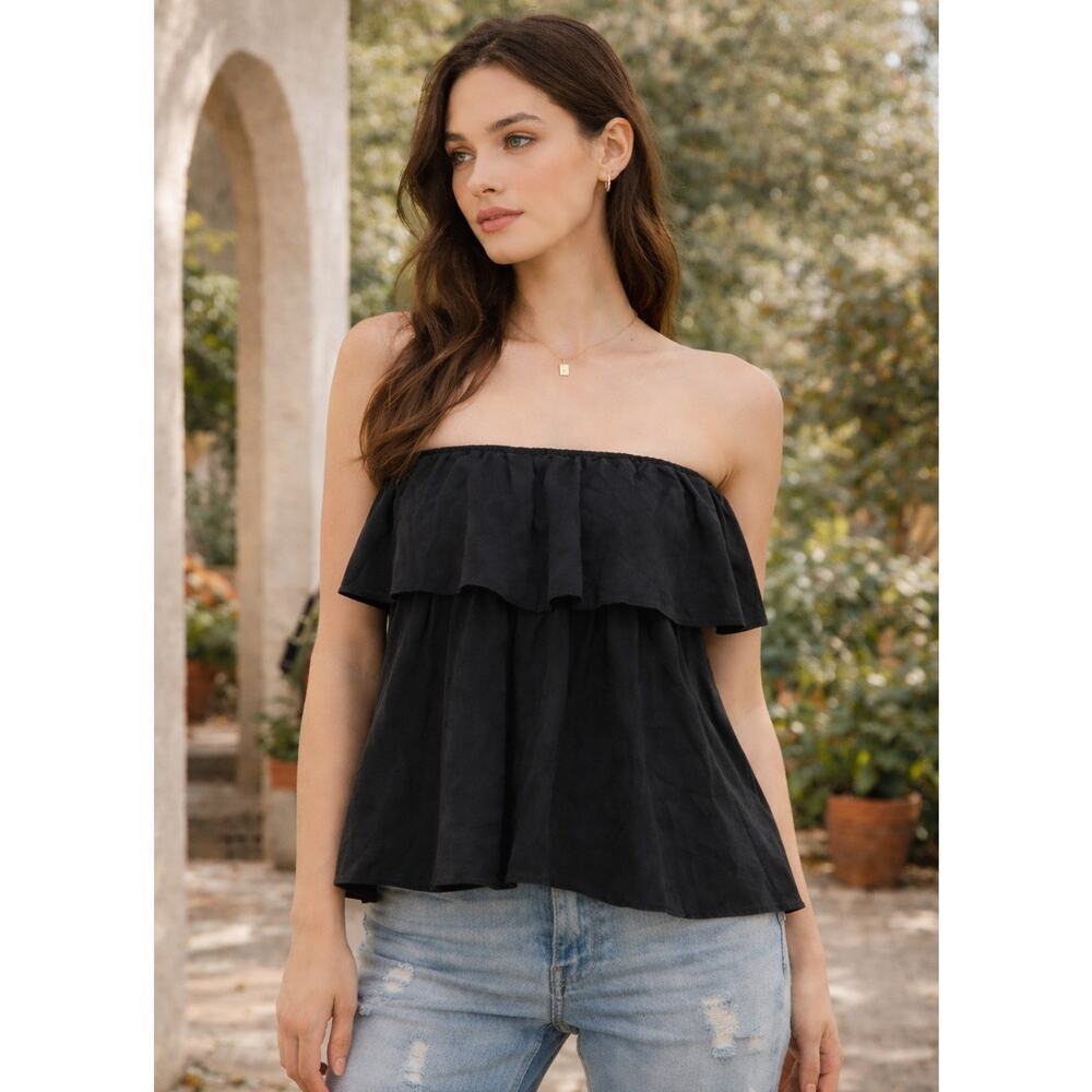 Alice + Olivia Strapless Ruffle Tube Top Boho Coquette Silk Blend Black Sz XS